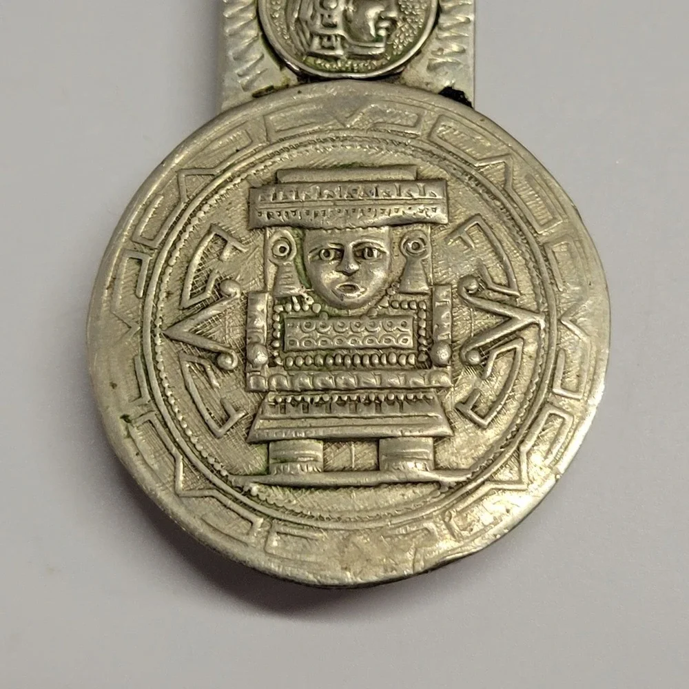Vintage Mexico Alpaca Silver Money Clip Aztec Mayan Sun Stone Deity Warrior 18g